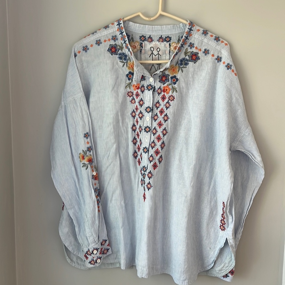 Johnny Was Embroidered Linen Button Shirt